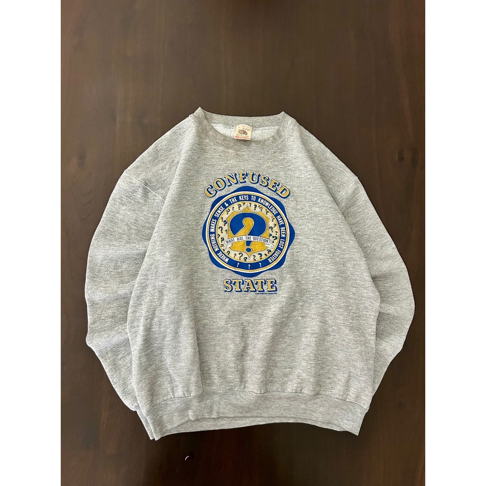 Vintage 1987 Fruit of the Loom Confused State Sweatshirt Gray Large Made in USA